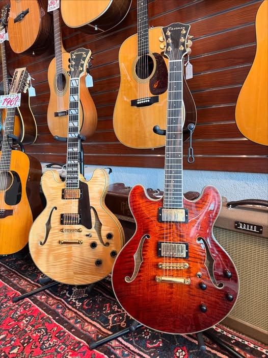 Eastman Custom Shop Hand Carved Solid Wood Electric T85 Bourbon Burst & T186 Natural at Redwoods Vintage guitars St Pete Florida Eastman Custom Shop Hand Carved Solid Wood Electric T85 Bourbon Burst & T186 Natural