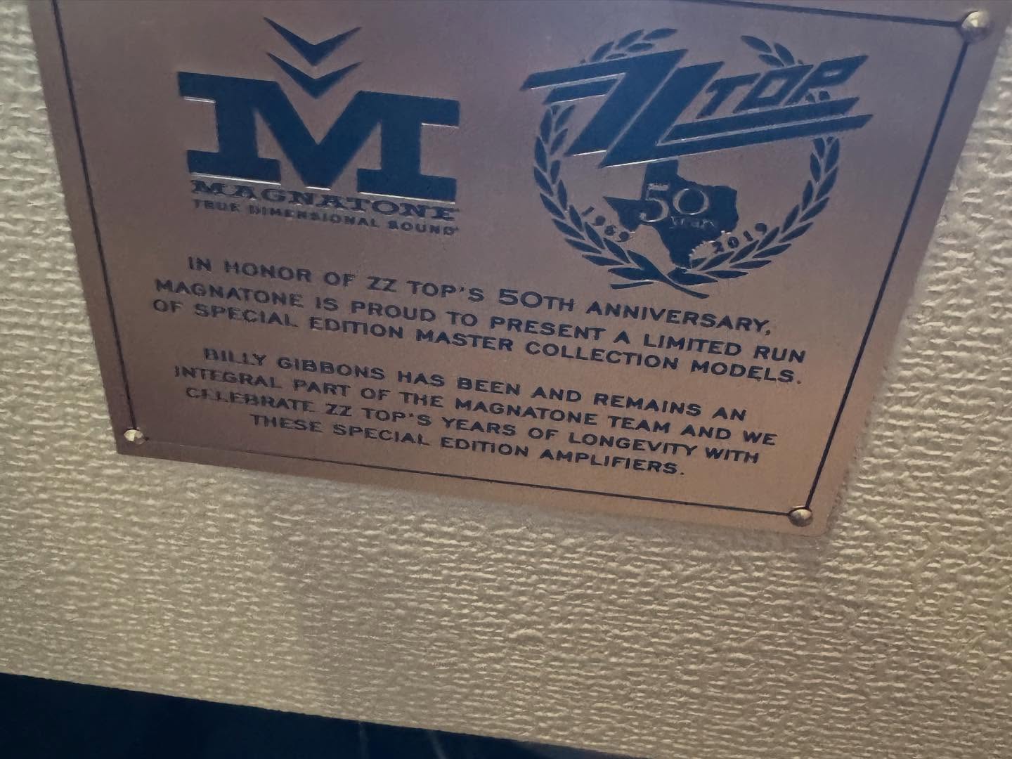 ZZ Top 24k Gold Plated Anniversary Magnatone Amp at Redwoods vintage Guitars St pete Florida Plaque