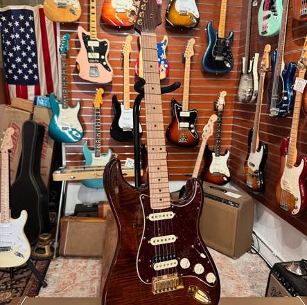 Fender Rarities Stratocaster Dark Walnut over Flame Maple Top at Redwoods vintage Guitars St Pete Florida