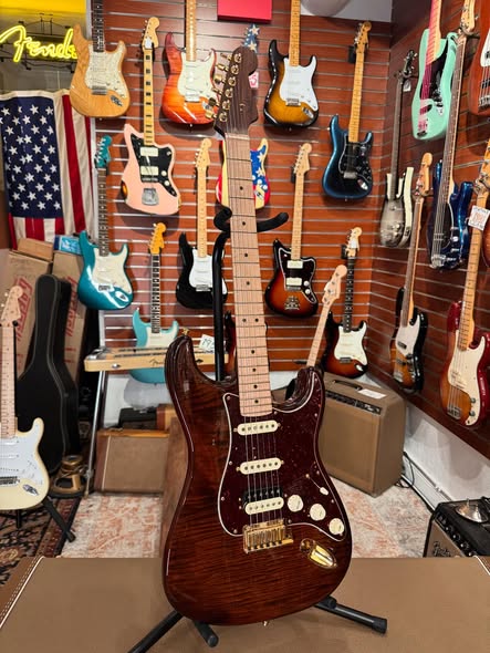 Fender Rarities Stratocaster Dark Walnut over Flame Maple Top at Redwoods vintage Guitars St Pete Florida