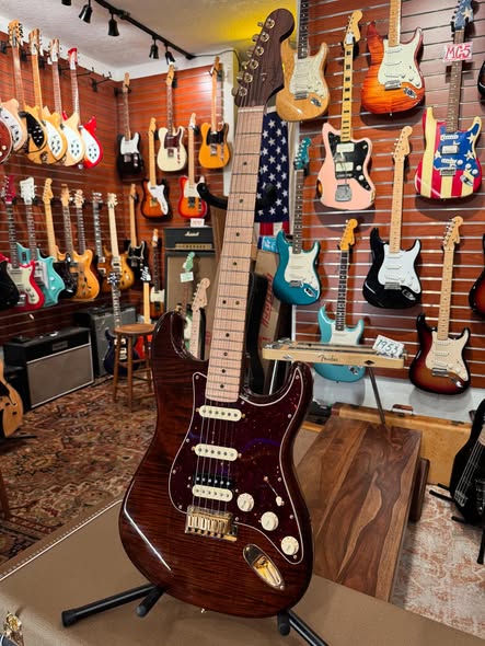 Fender Rarities Stratocaster Dark Walnut over Flame Maple Top at Redwoods vintage Guitars St Pete Florida Fender Rarities Stratocaster Dark Walnut over Flame Maple Top at Redwoods vintage Guitars St Pete Florida