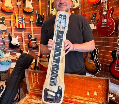 Jay Vilardi and a 1961 Fender Steel at Redwoods Vintage Guitars St Pete Florida