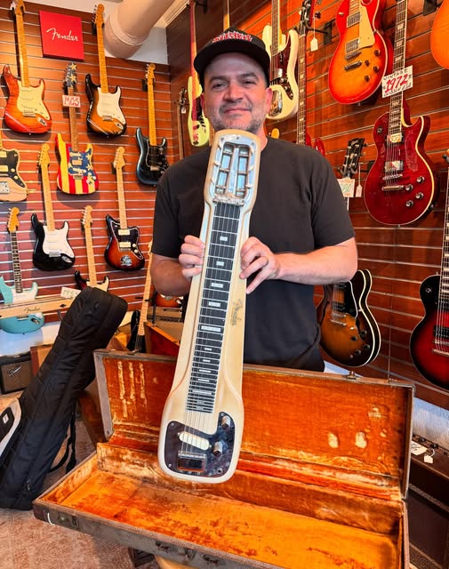 Jay Vilardi and a 1961 Fender Steel at Redwoods Vintage Guitars St Pete Florida