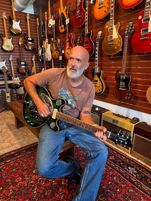 Joshua Reilly and a Eastwoodguitars Electric Resonator at Redwoods Vintage Guitars St Pete Florida