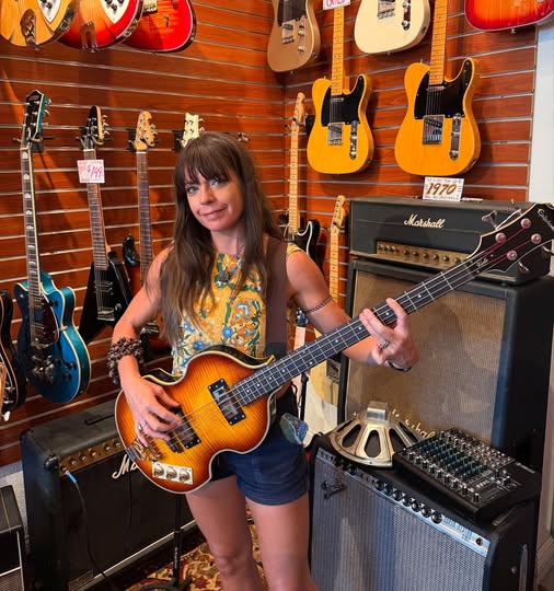 Kate Bradshaw and a Epiphone Viola Bass at Redwoods Vintage Guitars St Pete Florida